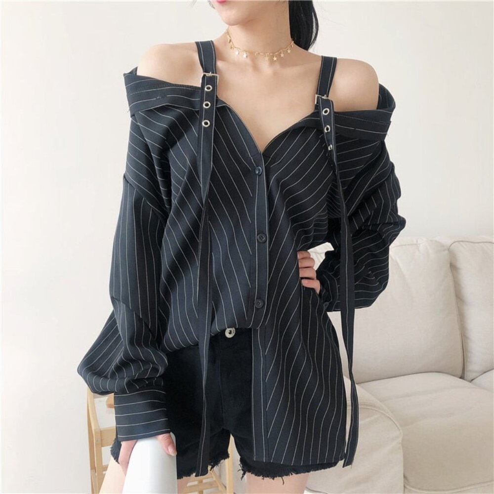 Off-the-shoulder pin-striped korean style top